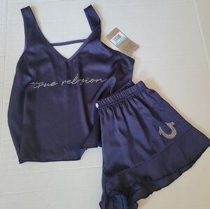 True Religion Crystal Satin V-Neck Cami & Ruffle Short Blue Pj Set - Size Small
